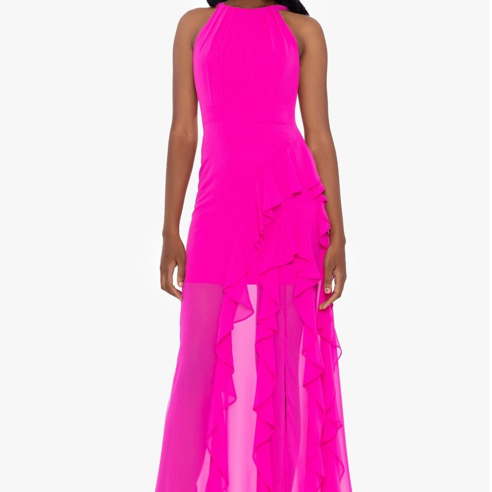 Betsy & Adam Hot Pink Halter Ruffled Evening Gown